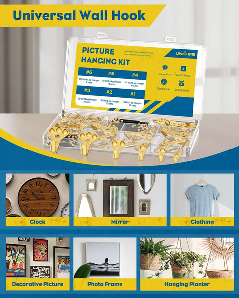 Heavy Duty Picture Hanging Hooks Set Gold Wall Mount Hardware Kit Thick Iron Build Supports Heavy Frames Mirrors Shelves Usa Built Rigged To Last No Sweat Install Killer Strength Holding Power