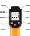 Non-Contact Infrared Temperature Gun For Quick Temp Readings, -50 C To 400 C, -58 F To 752 F, Handy IR Thermometer For Industrial Use, Kitchen, Ovens, Grilling, Auto Repair, Home DIY, Orange front view with LCD buttons