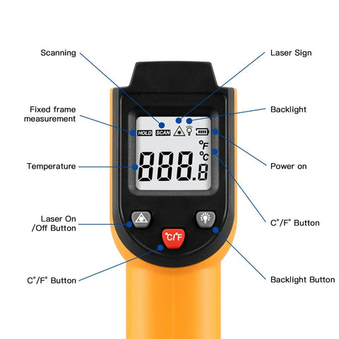 Non-Contact Infrared Temperature Gun For Quick Temp Readings, -50 C To 400 C, -58 F To 752 F, Handy IR Thermometer For Industrial Use, Kitchen, Ovens, Grilling, Auto Repair, Home DIY, Orange front view with LCD buttons
