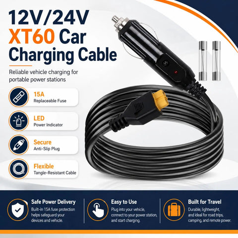 No Hassle Bulletproof XT60 To 12V 24V Car Charger Cable with a black 6.6ft long design for solar power gear.