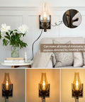 Retro Rustic Oil Rubbed Bronze Plug In Wall Sconce Set Of 2 With Amber Glass and dimmable feature in modern living room setting