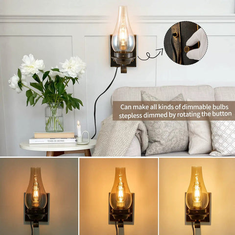 Retro Rustic Oil Rubbed Bronze Plug In Wall Sconce Set Of 2 With Amber Glass and dimmable feature in modern living room setting