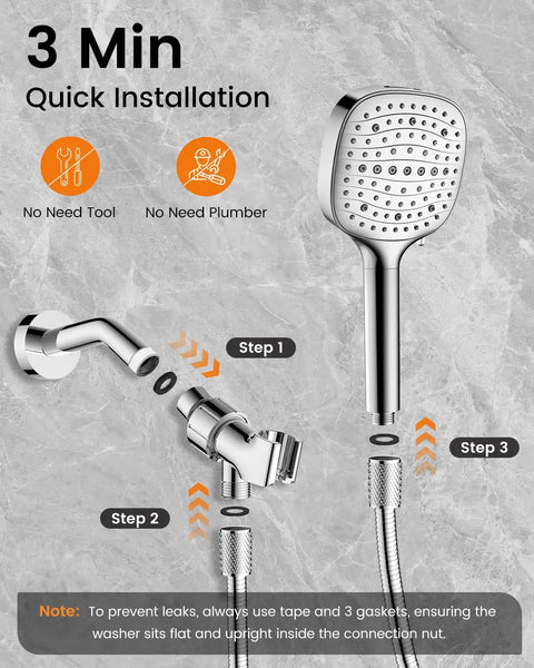 High Pressure Handheld Shower Head With Filter, 7 Modes, Anti Clog Nozzles installation steps against gray tile wall