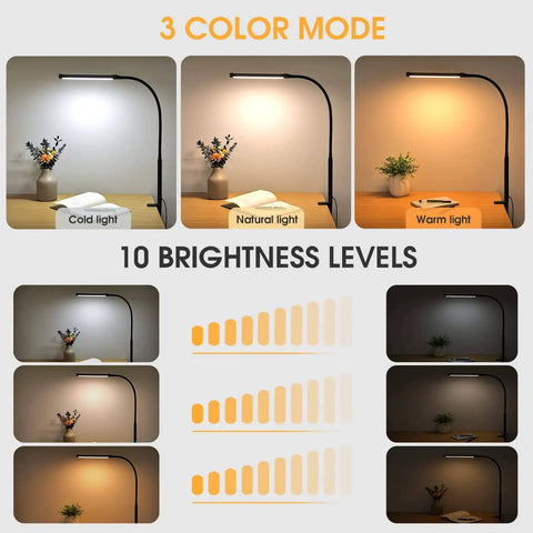 LED Desk Lamp With Clamp And USB Adapter For Home Office Clip On Light With Three Modes And Ten Brightness Levels Black