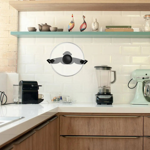 Traceless Wall Mounted Pot Lid Rack Organizer in kitchen, durable PP plastic, no drill installation, strong load bearing, black, saves space