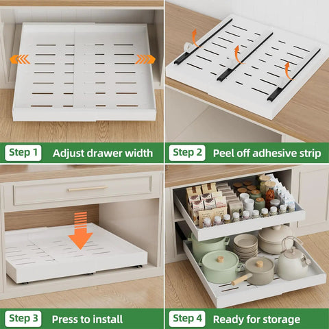 Step-by-step installation for Super Slick Slide Out Cabinet Organizer Baskets For Kitchen Pantry And Under Sink Storage Extra Deep Twenty One Inch Expandable Four Pack Total Kitchen Lifesaver Storage.