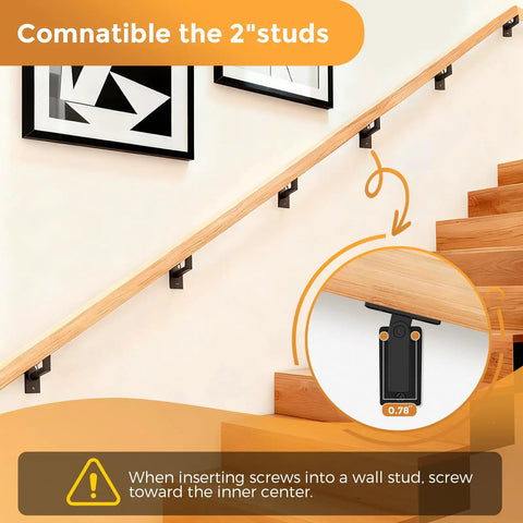 Four Pack Adjustable Handrail Brackets For Stairs Featuring 270 Degree Universal Swivel on wall studs with wood railing.