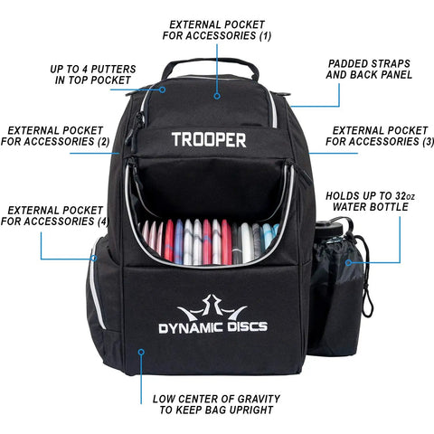 Black Trooper Disc Golf Backpack Holds 18 Plus Discs, Lightweight Yet Tough Bag for Beginners with accessories pockets