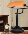 Bankers Desk Lamp With USB Port, Dope Rustic Oil Rubbed Bronze Finish, Pull Chain desk light with amber yellow glass shade