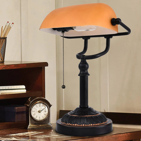 Bankers Desk Lamp With USB Port, Dope Rustic Oil Rubbed Bronze Finish, Pull Chain desk light with amber yellow glass shade
