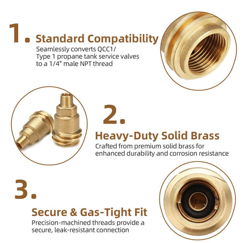 Heavy-Duty Propane Quick Connect Adapter QCC1 Type 1 to One Quarter Inch Male NPT Brass Tank Connector for RVs