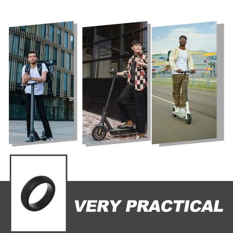 Three men riding scooters with Honeycomb Scooter Wheel Replacement Tire With Shock Absorption Solid Tire For Adult Electric Scooters Stable Ride And Safe Performance Durable Design Easy Install Replacement Part For Wide Range Of Models.