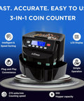 Electric Coin Counter Sorter Machine With 50 Coin Wrappers 3 In 1 US Coin Counter showing LCD display and coin slots