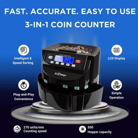 Electric Coin Counter Sorter Machine With 50 Coin Wrappers 3 In 1 US Coin Counter showing LCD display and coin slots