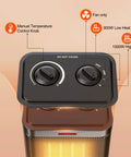 Top panel controls of Tiny But Mighty 1500W PTC Ceramic Space Heater With Thermostat, showing heat settings and fan options.