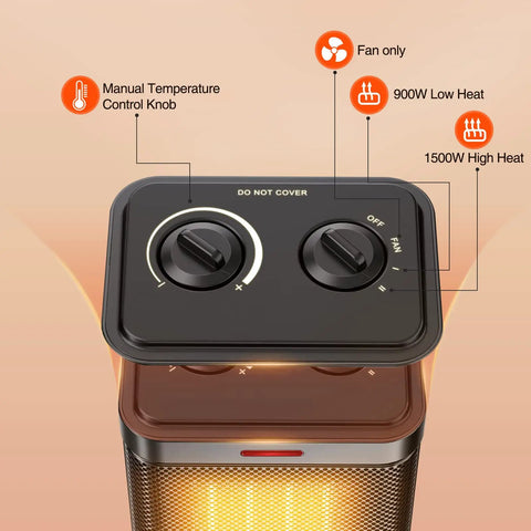 Top panel controls of Tiny But Mighty 1500W PTC Ceramic Space Heater With Thermostat, showing heat settings and fan options.