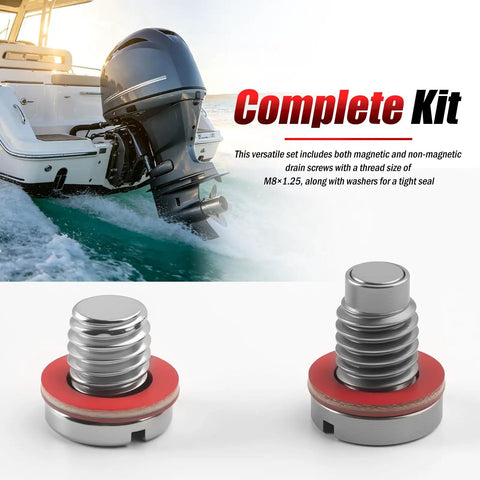 Heavy Duty M8x1.25 Lower Unit Drain Plug Seal Compatible With Yamaha OEM 688-45341 Stainless Steel Prevents Rust And Leaks For Superior Engine Maintenance Reliability, magnetic and non-magnetic plugs with red washer