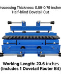 Heavy Duty Woodworking Dovetail Jig With Rock Solid Clamps For Dead On Half Blind Cabinet And Drawer Building Adjustable 12 To 24 Inch Range Zero Wiggle Routing Setup showing dovetail cut and processing thickness 0.59-0.79 inches.