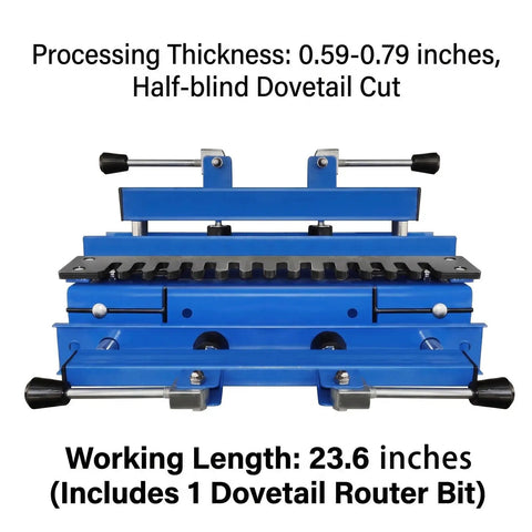 Heavy Duty Woodworking Dovetail Jig With Rock Solid Clamps For Dead On Half Blind Cabinet And Drawer Building Adjustable 12 To 24 Inch Range Zero Wiggle Routing Setup showing dovetail cut and processing thickness 0.59-0.79 inches.