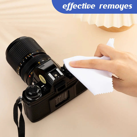Using 200 Pack Multicolor Microfiber Cleaning Cloths 6x7 Inches For Glasses Lenses Screens Cameras Phones on a camera lens.