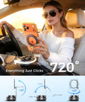 Woman using Upgraded 360 Degree Rotation Vacuum Magnetic Phone Holder Stand For MagSafe in car, showing 720° adjust and grip.