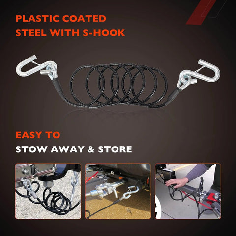 Coiled Trailer Safety Cable Kit With S Hooks, 7500 Lb Capacity, 7 Feet Long, Black Heavy Duty Towing Cables, Set Of 2