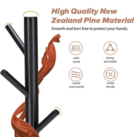 Freestanding Coat Rack With 8 Hooks And 3 Adjustable Heights, showing solid wood material and design details, Durable Black Finish.