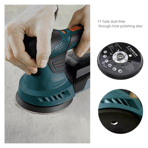 Close-up of 6 Inch 17 Hole Sanding Disc Pad For Hook And Loop Backing Sander Replacement Pad being used on wood