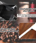Detachable aluminum alloy slag box of Solid Wooden Espresso Tamping Station With Fully Integrated Knock Box And Precision 58Mm Tamper Stand for easy cleaning.