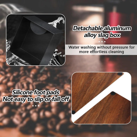 Detachable aluminum alloy slag box of Solid Wooden Espresso Tamping Station With Fully Integrated Knock Box And Precision 58Mm Tamper Stand for easy cleaning.