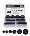 52 Piece Rubber Grommets Kit with firewall hole plugs in six sizes displayed in an open tray for wire protection and automotive repair