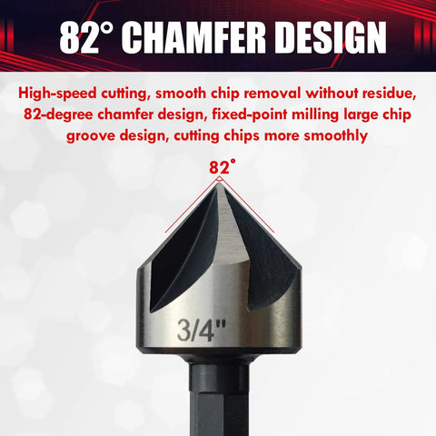 Close-up of 3/4 inch bit from 5 Piece Countersink Drill Bit Set With 82 Degree Counter Sink in focus, highlighting chamfer design.