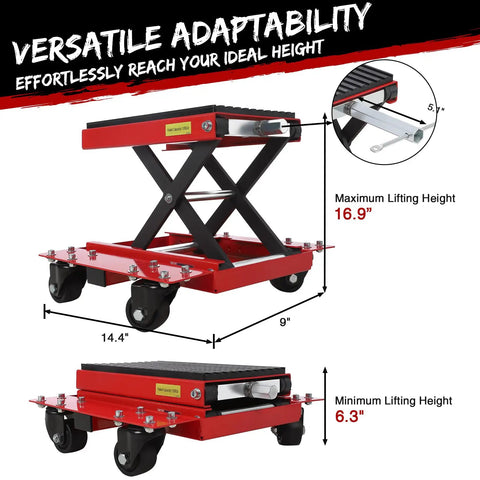 Beefy 1200 Lbs Motorcycle Lift Jack with Wheels for Dirt Bikes Street Bikes Cruisers and ATVs wide deck scissor lift