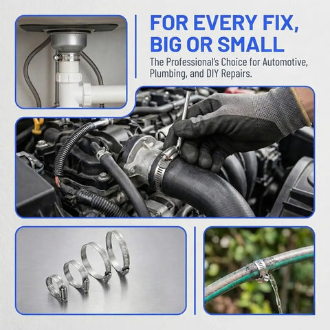 30Pcs 304 Stainless Steel Hose Clamps Set with 6-51mm adjustable worm gear clamps used in plumbing and automotive applications.
