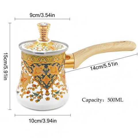 Turkish Greek Arabic Stovetop Coffee Pot With Milk Warmer 550 ML Capacity White With Gold Flower Pattern Retro Arab Turkish Design Even Heat Quick Brew Wooden Handle