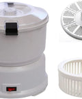 Fast Electric Potato Peeler And Vegetable Dehydrator With Sharp Blades, white plastic unit and detachable parts for kitchen prep.