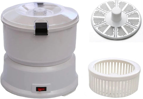 Fast Electric Potato Peeler And Vegetable Dehydrator With Sharp Blades, white plastic unit and detachable parts for kitchen prep.