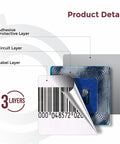 Close-up of 2x2 Inch White RF 8.2MHz Paper Security Label showing adhesive, circuit, and label layers with barcode.