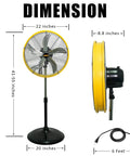 Beefed Up Heavy Duty 20 Inch High Velocity Stand Fan With Oscillation, three speed settings, shown with dimensions.