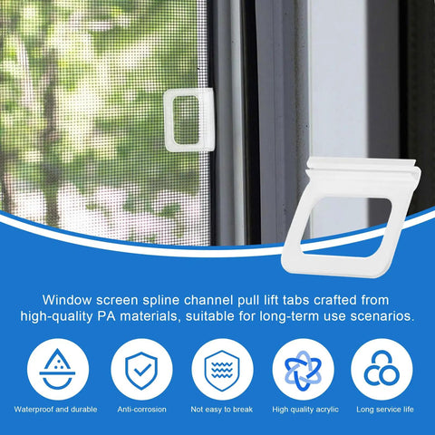 Clear Window Screen Pull Tabs 20 Pack Flat Spline Repair Clips For No Sweat Removal And Quick Swap Universal Fit DIY Home Fix With Smooth Channel Grip Sweet And Easy Install on window frame.