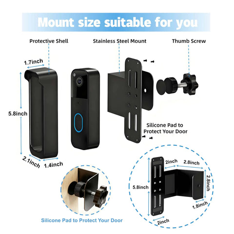 Diagram of No Drill Anti Theft Doorbell Mount For Blink Cams With Non Blocking Motion Sensor Design Renter Friendly Installation Weatherproof Holder with measurements.