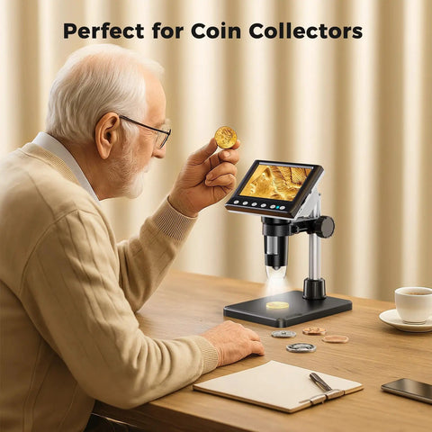4.3 Inch LCD Coin Microscope With LED Light For Ultra Close Up Mint Mark Details And Surface Texture, Perfect For Coin Collectors, Jewelers, And Watchmakers Seeking Precise Digital Magnification On Small Features. Elderly man viewing a coin under the LCD microscope
