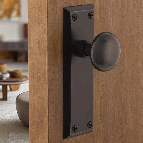 New York Style Door Knob With Plate Set For Interior Doors Smooth Round Knob Paired With Long Plate Classic Tailored Look