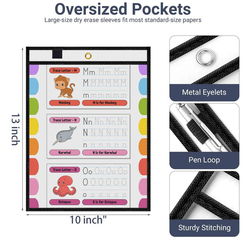Game Changer Oversized Dry Erase Pocket Sleeves 13 By 10 Inches, worksheet, metal eyelets, pen loop, sturdy stitching details