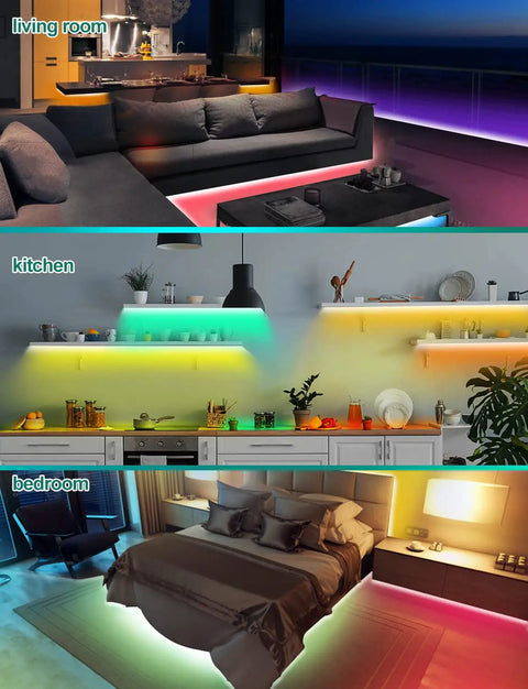 100ft Outdoor RGB LED Strip Lights Waterproof 12V with Alexa and Google Assistant installed in living room, kitchen, and bedroom