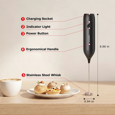 Rechargeable Handheld Milk Frother With USB C Charging, Cordless Electric Foam Maker and Stainless Steel Whisk, with pastries