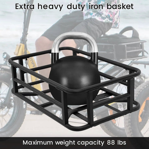 Rear Ebike Basket Large Capacity Waterproof Metal Cargo Rack For Electric Bikes with kettlebell weight inside showing durability