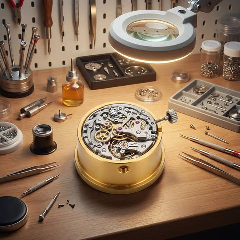 Watch Movement Holder With Durable Aluminum Alloy Base Repair Stand For 2892 And 2824 Movements on workbench with tools