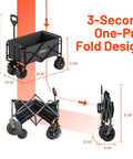 Electric Collapsible Wagon Cart With 100L Capacity For Beach Trips Grocery Runs Camping And Shopping On Wheels Lightweight Outdoor Utility Carrier Dual Motor Towing Power Removable Battery And Adjustable Speed, showing foldable design and dimensions.