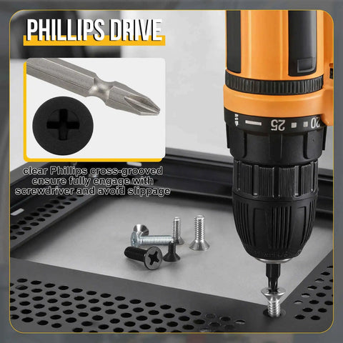 Flat Head Nylon Machine Screws M3 0.5x8 200 Pieces Black Go-To For Electronics And Machinery shown with drill and Phillips bit